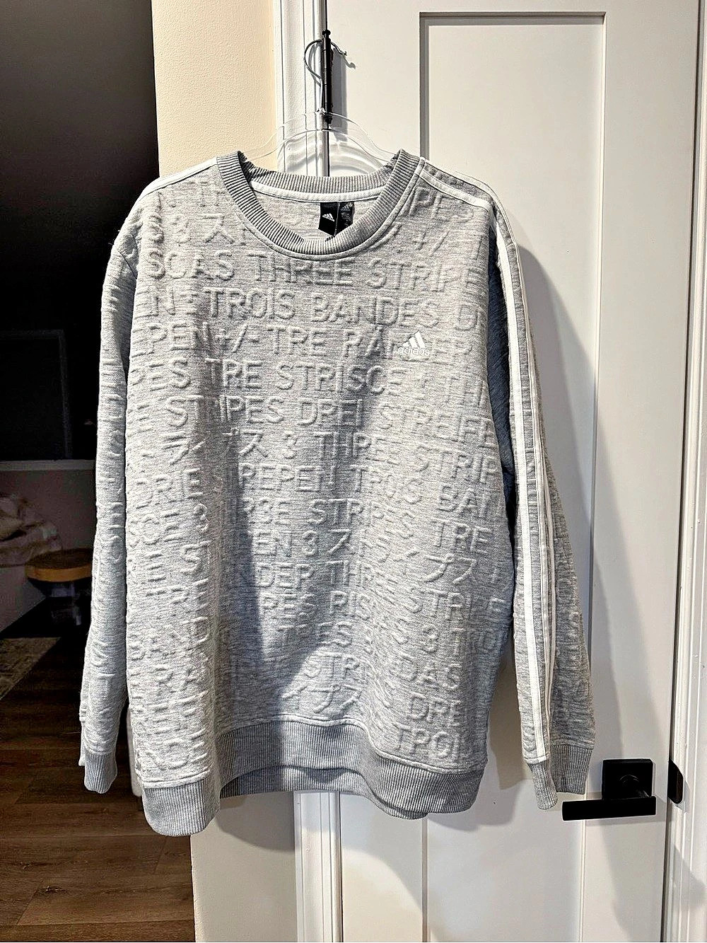 ONE OF A KIND - Adidas Embossed Text Sweatshirt Gray 2XL Like New. All-over embo